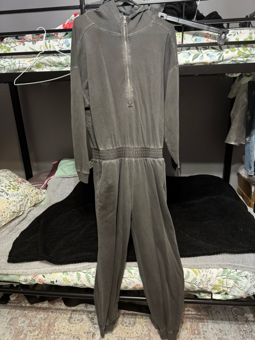Zenana Outfitters Green Hooded Half-Zip Jumpsuit